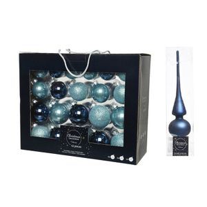 42x stuks glazen kerstballen ijsblauw (blue dawn)/donkerblauw 5-6-7 cm inclusief donkerblauwe piek