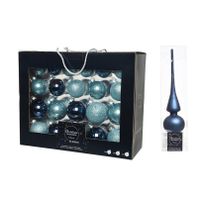 42x stuks glazen kerstballen ijsblauw (blue dawn)/donkerblauw 5-6-7 cm inclusief donkerblauwe piek