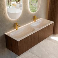 Badmeubel Mondiaz Kurve-Dlux | 140 cm | Meubelkleur Walnut | Wastafelkleur Meli | Solid surface | Wasbak beide zijden spoelbak | 2 kraangaten