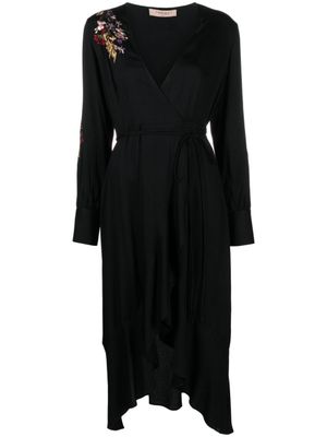 TWINSET robe portefeuille mi-longue à fleurs brodées - Noir