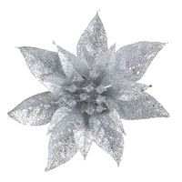 1x Kerstboomversiering op clip zilveren glitter bloem 15 cm - thumbnail