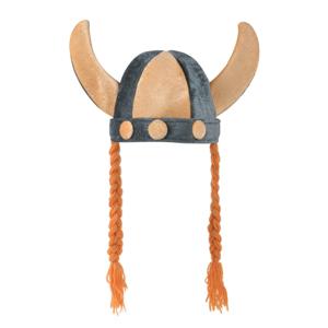 Carnaval verkleed Viking helm - grijs/oranje - met hoorns - polyester - heren - met vlechten