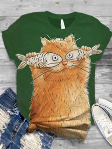 Cotton-Blend Animal Casual Crew Neck T-shirt