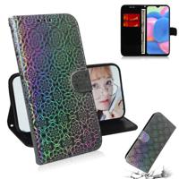 Voor Galaxy A30s effen kleur kleurrijke magnetische Buckle horizontale Flip PU lederen draagtas met houder & kaartsleuven & portemonnee & Lanyard (zil