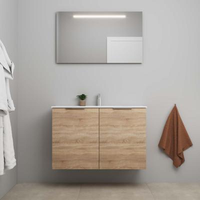 On-Line Badkamermeubelset - 100 cm - Bouwpakket - 2 Deuren met Greep - Porseleinen Wastafel - 1 Kraangat - Spiegel met LED-Verlichting - Eiken