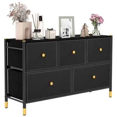 5-Laden Stoffen Commode met Metalen Frame Vrijstaande Opbergkast voor Woonkamer Garderobe Hal Houten Handvat Zwart