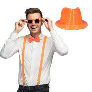 Carnaval verkleedset Supercool - hoedje/bretels/bril/strikje - oranje - heren/dames - glimmend