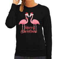 Foute Kersttrui/sweater voor dames - Merry Christmas - flamingo - zwart - tropische kerst