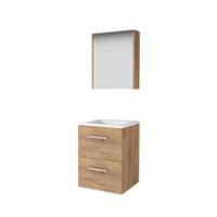 Basic-Line Comfort 46 Badkamermeubelset - 50 x 46 cm - Met Grepen - 2 Lades - Acryl Wastafel - 1 Kraangat - Spiegelkast - Whisky Oak