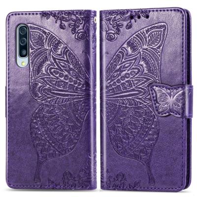 Butterfly Love bloemen reliëf horizontale Flip lederen case voor Galaxy A50 met houder & kaartsleuven & portemonnee & Lanyard (donker paars)