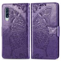 Butterfly Love bloemen reliëf horizontale Flip lederen case voor Galaxy A50 met houder & kaartsleuven & portemonnee & Lanyard (donker paars)