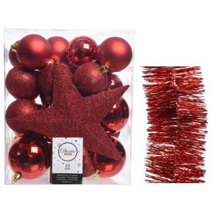 Kerstversiering kerstballen 5-6-8 cm met ster piek en folieslingers pakket rood van 35x stuks - Kerstbal