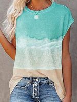 Abstract Sea Color Block Printed Vacation Casual Loosen Crew Neck Short Sleeve T-Shirt