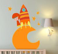 astronaut maan raket sticker oranje