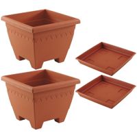 3x stuks vierkante plantenbakken terra cotta met opvangschaal 40 x 40 x 31 cm