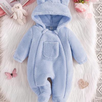 Newborn Baby Girl Plush Ear Pocket Hooded One-Piece Jumpsuit, Soft & Warm, Elegant Pink, For Halloween Party,Summer Travel Baby Blue / 0-1M