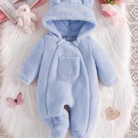 Newborn Baby Girl Plush Ear Pocket Hooded One-Piece Jumpsuit, Soft & Warm, Elegant Pink, For Halloween Party,Summer Travel Baby Blue / 0-1M
