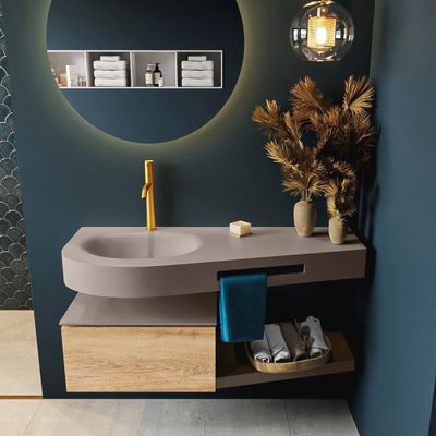 MONDIAZ RIVA 120cm badmeubel onderkast / planchet kleur Washed_Oak met 1 lade. Wastafel DULCET links 1 kraangat kleur Smoke.