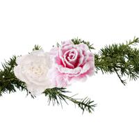 Cosy & Trendy Kerst bloemen op clip - 2x st - roze en wit - 10 cm - Kersthangers