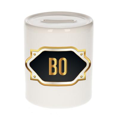 Spaarpot met voornaam Bo - wit - goud/zwart embleem - 8 x 9 cm - keramiek - afsluitdop