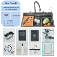 Luxe RVS Keukenspoelbak met Digitale Kraan - 75x45 cm | Gun Grey | Bovenbouw | Waterval Afvoer & Zeepdispenser