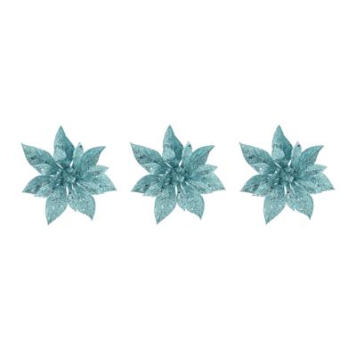 Decoratie bloem - 3x stuks - kerstster - op clip - blauw - glitter -15 cm - kunststof - kerstversier