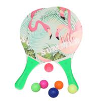 Summertime Beachball set - hout - kleurenmix - strand sport speelset - met 6x balletjes