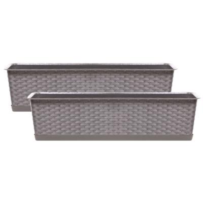 Kunststof plantenbak/bloembak Ratolla - 2x - rotan look - taupe - 40 x 17 x 15 cm