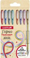 Uni-ball roller Signo Metallic, medium punt, geassorteerde kleuren, etui van 8 stuks