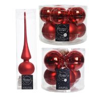 Glazen kerstballen pakket kerstrood glans/mat 32x stuks inclusief piek mat