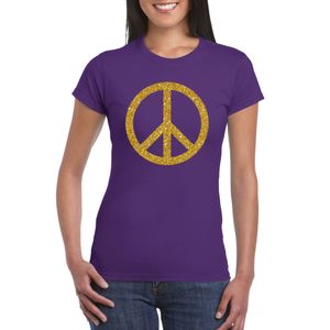 Paars Flower Power t-shirt gouden glitter peace teken dames