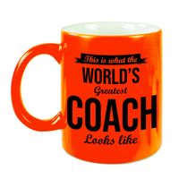 Worlds Greatest Coach cadeau koffiemok/theebeker neon oranje 330 ml - thumbnail