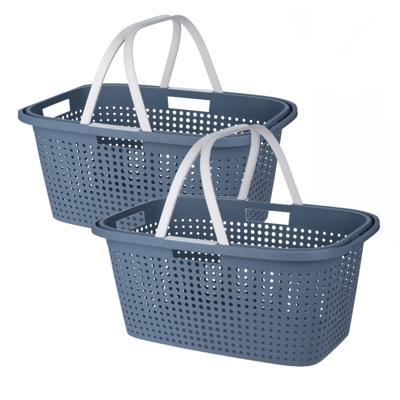 Wasmand met hengsel - 2x stuks - 38 liter - 60 cm - blauw/wit - Draagwasmanden - Wasgoedmand