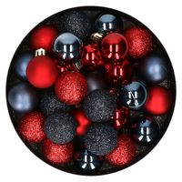 28x stuks kunststof kerstballen rood en donkerblauw mix 3 cm - thumbnail