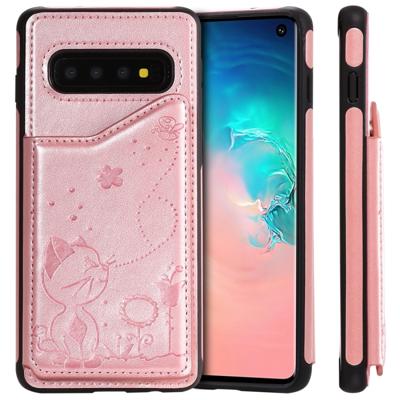 Voor Galaxy S10 kat Bee reliëf patroon schokbestendige beschermende case met kaartsleuven & fotolijstjes (Rose goud)