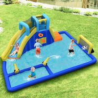 Opblaasbaar Water Springkussen 6-In-1 Springkasteel met Watersproeiers & Glijbaan voor Nat en Droog Draagtas/ met Luchtventilator