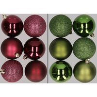 12x stuks kunststof kerstballen mix van aubergine en appelgroen 8 cm   -