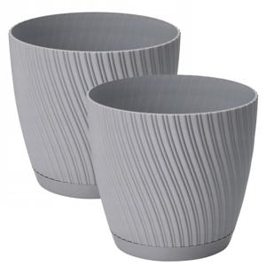 Form Plastic Plantenpot/bloempot Waves - 2x - kunststof - platina grijs - D15 x H14 cm