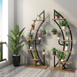 Twee 7-Lagen Hoge Metalen Plantenrek Gebogen Halve Maan Vorm Ladder Plantenrek Moderne Bloempot Houder Binnen Metalen Bloemenrek