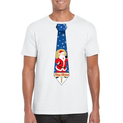 Foute Kersttrui t-shirt - voor heren - wit - met stropdas kerstman print - kerstdiner kleding