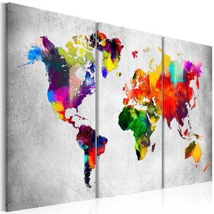 Schilderij - Wereldkaart , Artistieke Wereld , 3 luik