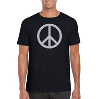 Zwart Flower Power t-shirt zilveren glitter peace teken heren