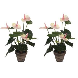Kunstplant Anthurium - 2x - lichtroze - 40 cm - in grijze pot - nepplant - kamerplant