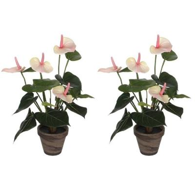 Kunstplant Anthurium - 2x - lichtroze - 40 cm - in grijze pot - nepplant - kamerplant