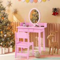 2-In-1 Kindermake-Uptafel met Kruk Kaptafel met Verlichting Kaptafel van Hout met Lade en Sieradenorganizer Make-Uptafel Prinses (Roze)