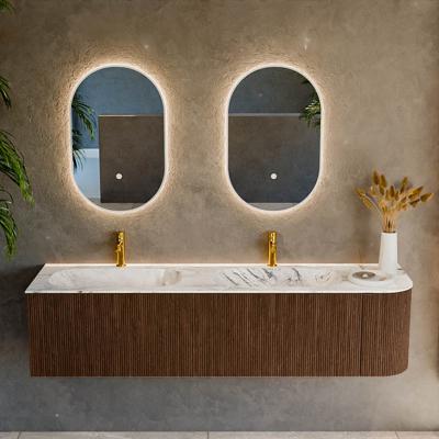 Badmeubel Mondiaz Kurve-Dlux | 175 cm | Meubelkleur Walnut | Wastafelkleur Glace | Solid surface | Dubbele spoelbak | 2 kraangaten