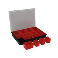 Tayg assortimentsdoos, 16 uitneembare bakjes, transparant deksel, stapelbaar, 330 x 247 x 54 mm, zwart/rood - thumbnail