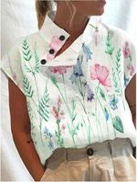 Loose Floral Asymmetrical Linen Shirt - thumbnail