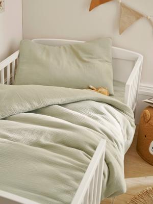 Babyset dekbedovertrek + kussensloop effen in biologisch katoenen gaas* saliegroen