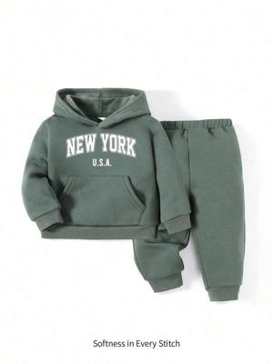 Bon&Bon Baby Boy Letter Graphic Hooded Thermal Sweatshirt And Jogger Pants Set Green / 6-9M